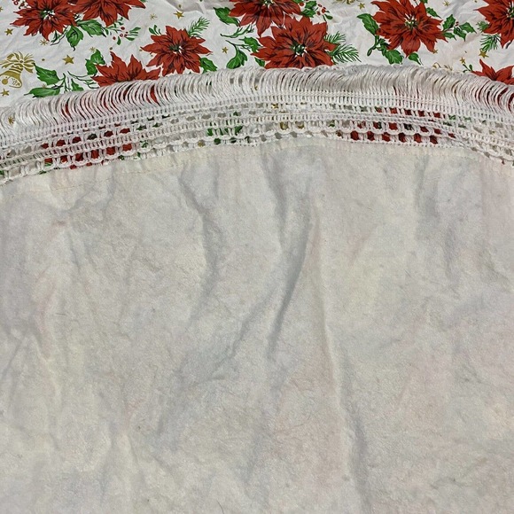 VTG Round 49” CHRISTMAS Poinsettia Bells Tablecloth Vinyl Flannel Back Fringe - Picture 3 of 7